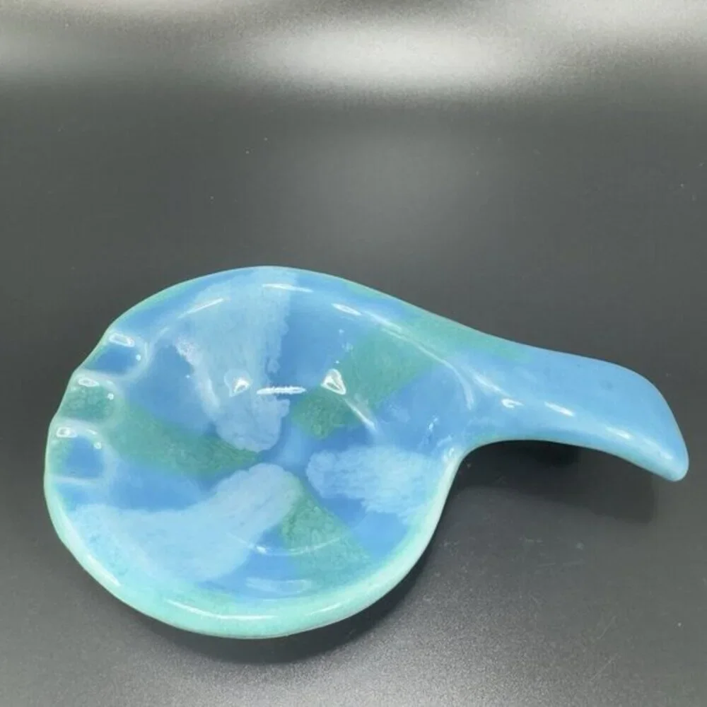 Vintage Dryden Pottery Ashtray Dish Blue Glazed Signed Spoon Shaped‎ Decor VTG